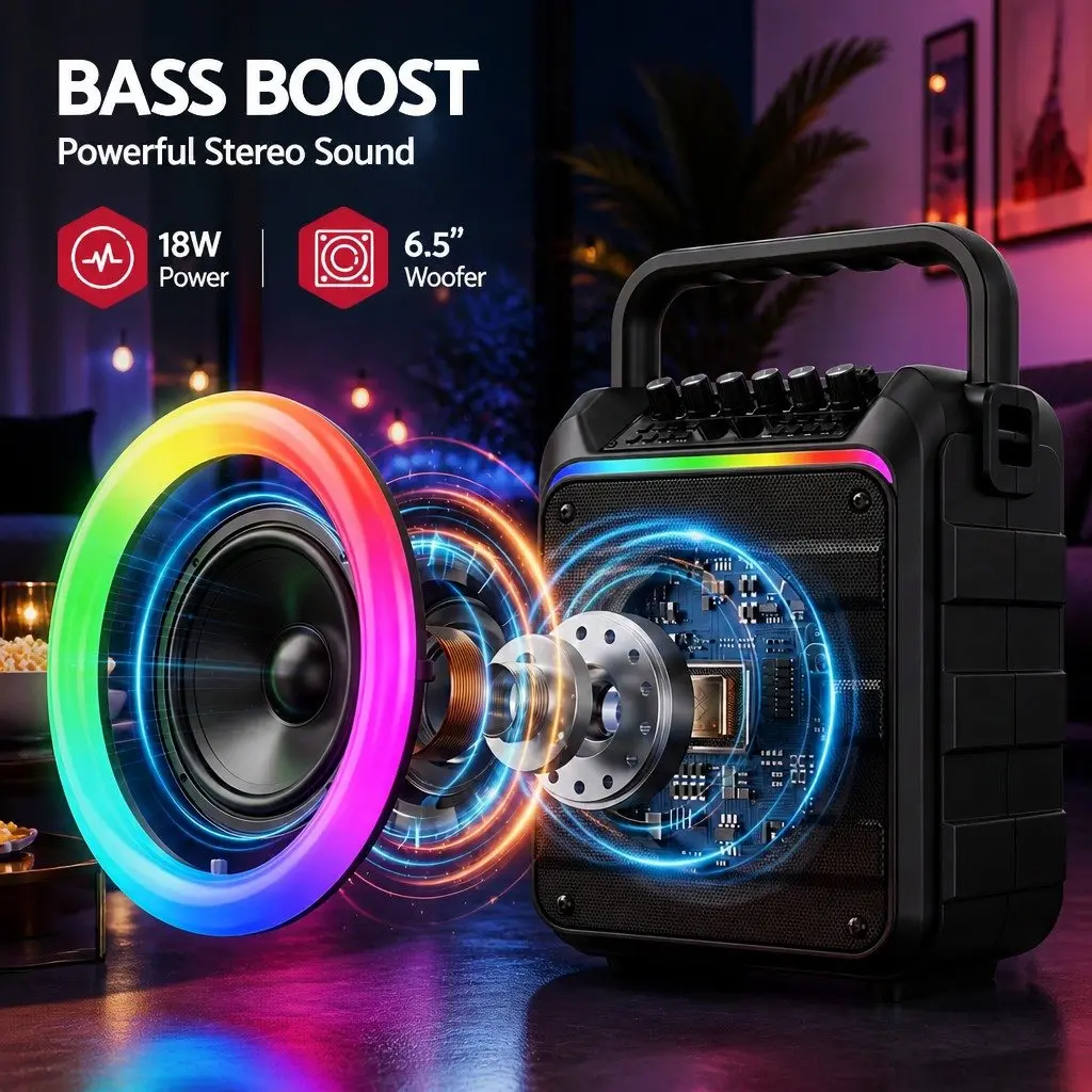 Portable Karaoke Machine Black Bluetooth 5.3 with 2 Wireless Microphones and Multi-Function Audio Controls