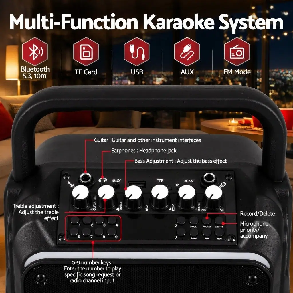 Portable Karaoke Machine Black Bluetooth 5.3 with 2 Wireless Microphones and Multi-Function Audio Controls
