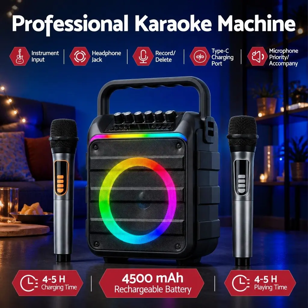 Portable Karaoke Machine Black Bluetooth 5.3 with 2 Wireless Microphones and Multi-Function Audio Controls