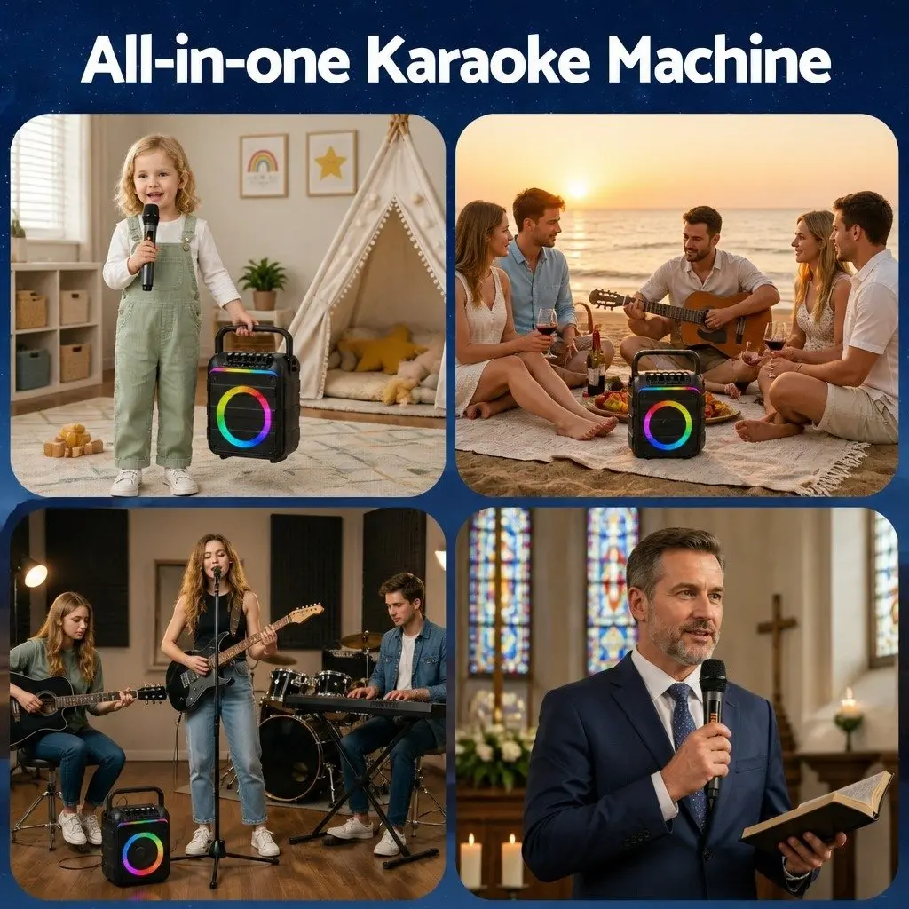 Portable Karaoke Machine Black Bluetooth 5.3 with 2 Wireless Microphones and Multi-Function Audio Controls