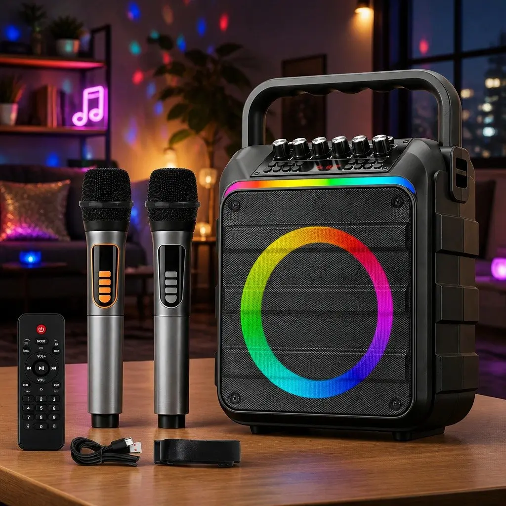 Portable Karaoke Machine Black Bluetooth 5.3 with 2 Wireless Microphones and Multi-Function Audio Controls
