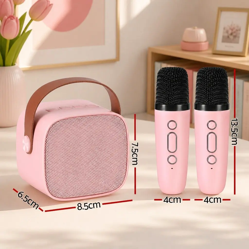 Mini Portable Karaoke Machine Pink with 2 Wireless Microphones Bluetooth Speaker