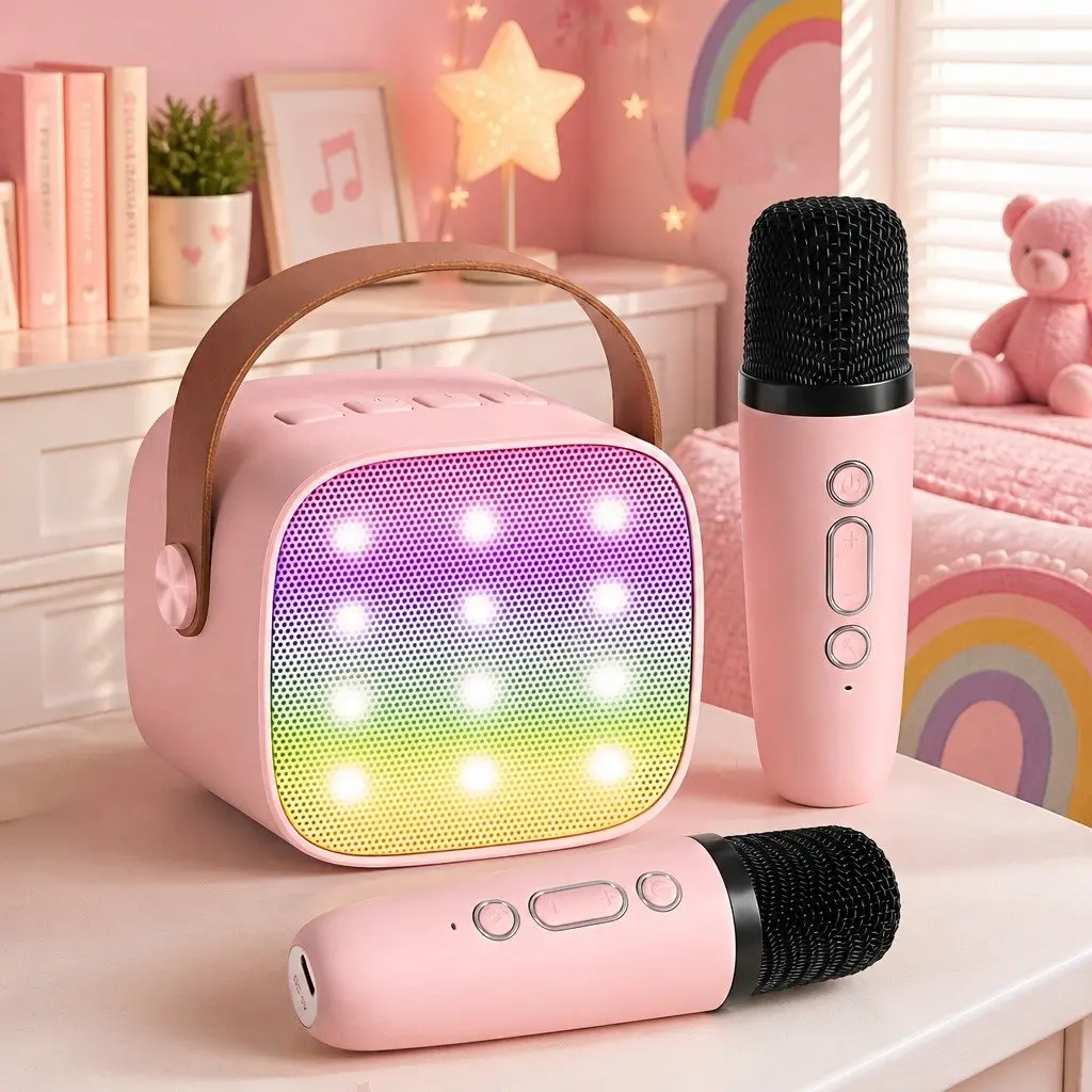 Mini Portable Karaoke Machine Pink with 2 Wireless Microphones Bluetooth Speaker