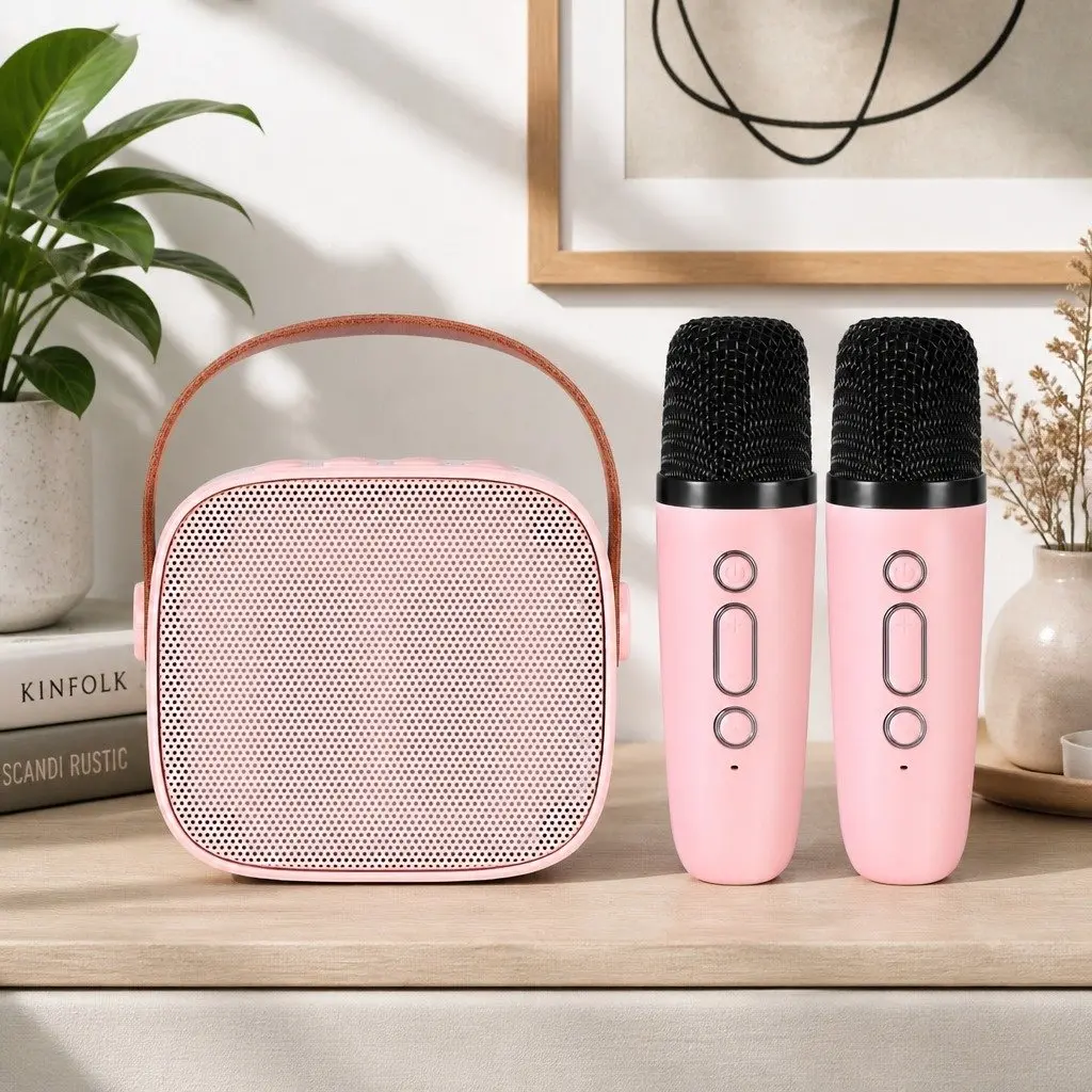 Mini Portable Karaoke Machine Pink with 2 Wireless Microphones Bluetooth Speaker