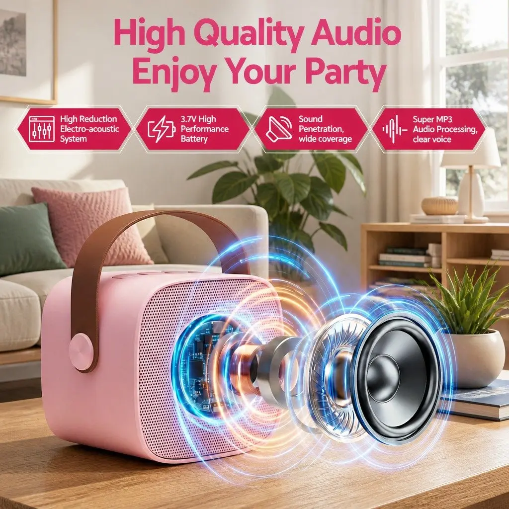 Mini Portable Karaoke Machine Pink with 2 Wireless Microphones Bluetooth Speaker