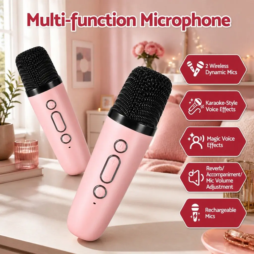 Mini Portable Karaoke Machine Pink with 2 Wireless Microphones Bluetooth Speaker