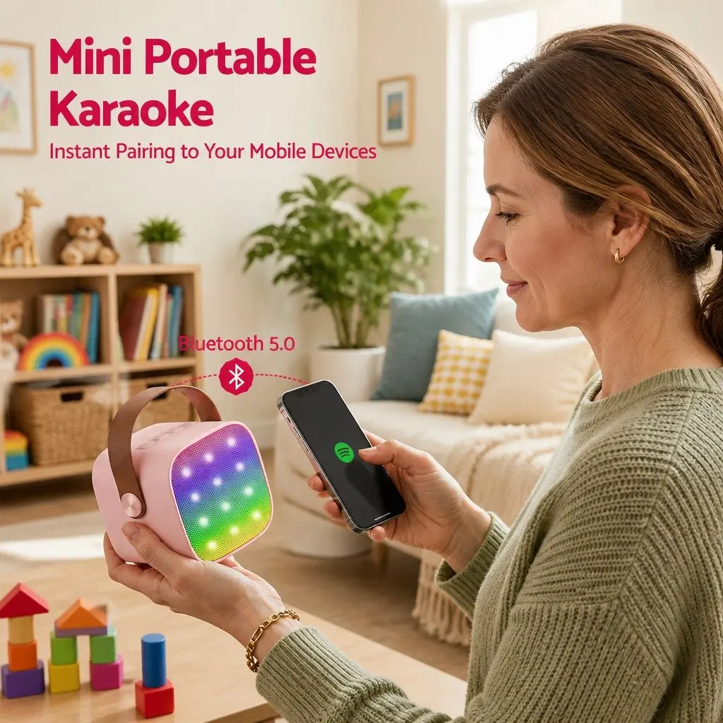 Mini Portable Karaoke Machine Pink with 2 Wireless Microphones Bluetooth Speaker