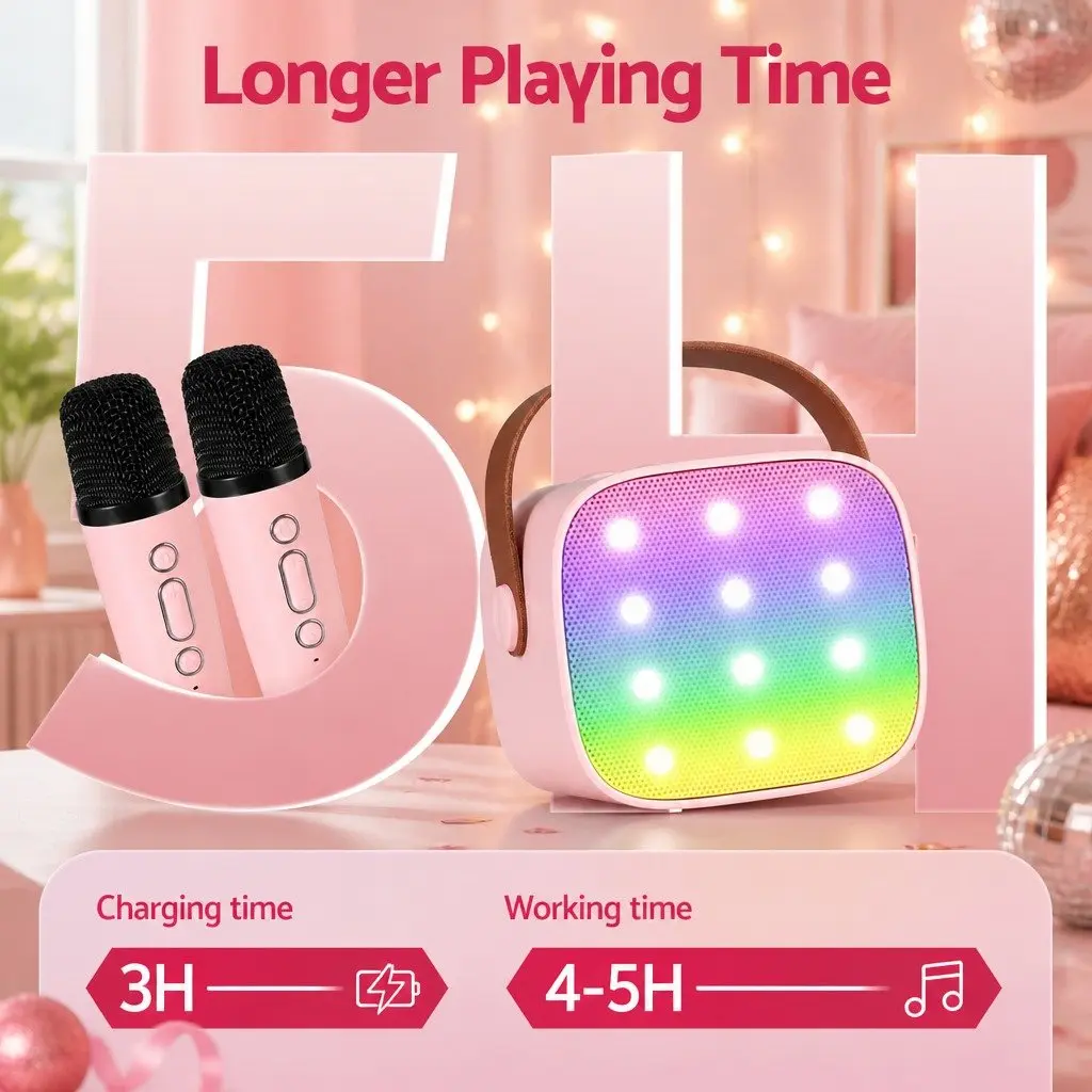 Mini Portable Karaoke Machine Pink with 2 Wireless Microphones Bluetooth Speaker