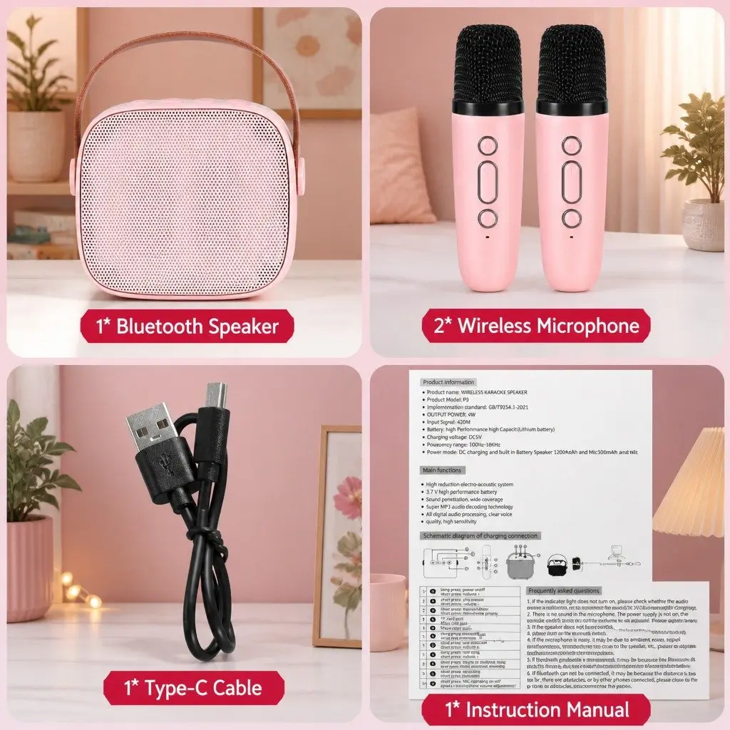 Mini Portable Karaoke Machine Pink with 2 Wireless Microphones Bluetooth Speaker