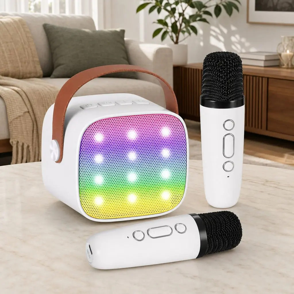 Mini Portable Karaoke Machine White with 2 Wireless Microphones Bluetooth Connectivity and Colorful LED Light Effects