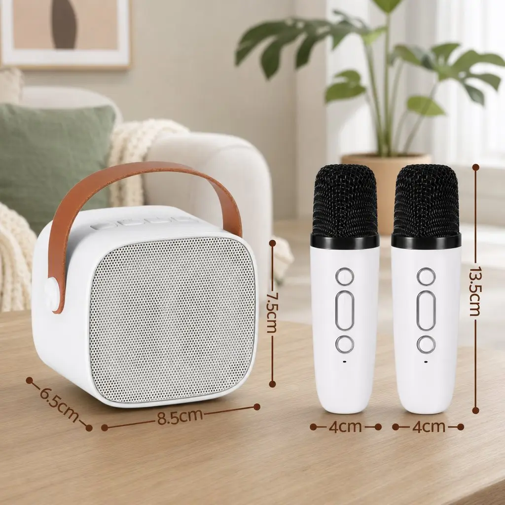 Mini Portable Karaoke Machine White with 2 Wireless Microphones Bluetooth Connectivity and Colorful LED Light Effects