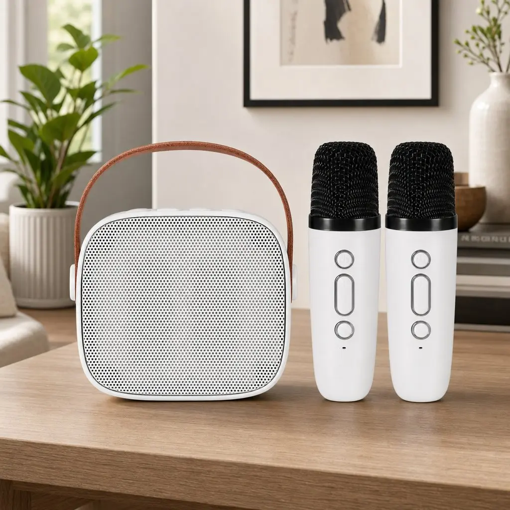 Mini Portable Karaoke Machine White with 2 Wireless Microphones Bluetooth Connectivity and Colorful LED Light Effects