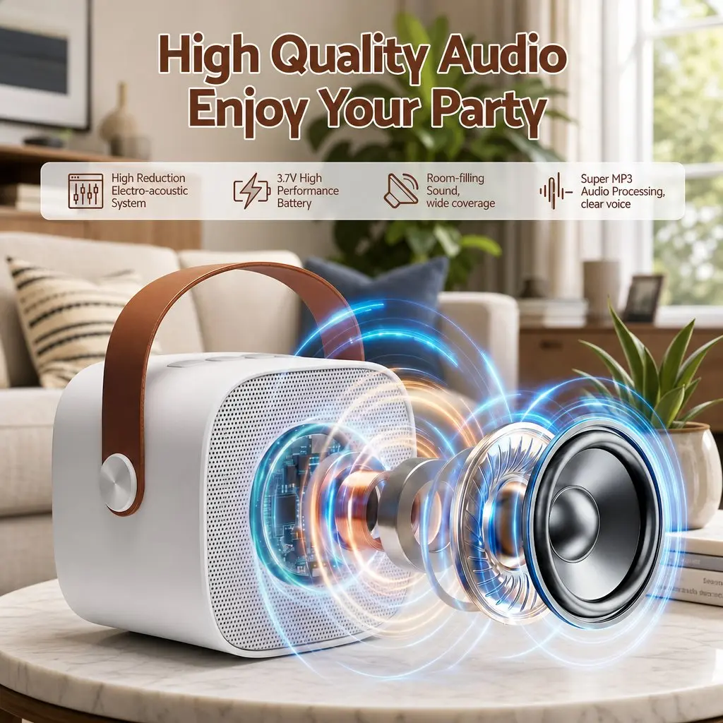 Mini Portable Karaoke Machine White with 2 Wireless Microphones Bluetooth Connectivity and Colorful LED Light Effects
