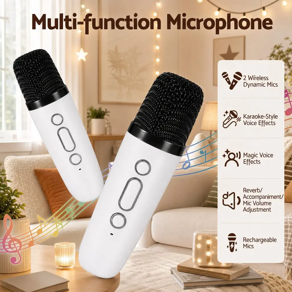 Mini Portable Karaoke Machine White with 2 Wireless Microphones Bluetooth Connectivity and Colorful LED Light Effects