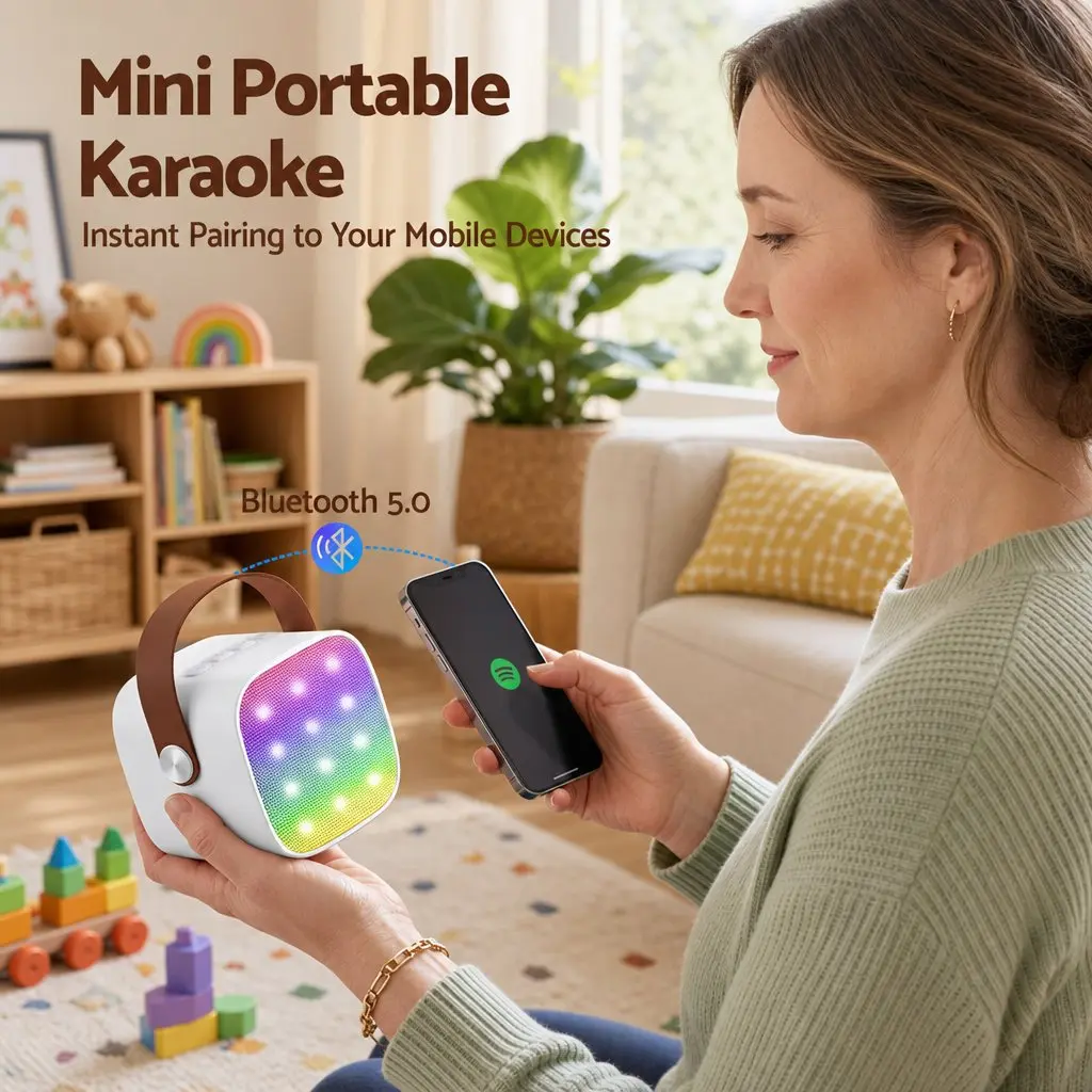 Mini Portable Karaoke Machine White with 2 Wireless Microphones Bluetooth Connectivity and Colorful LED Light Effects