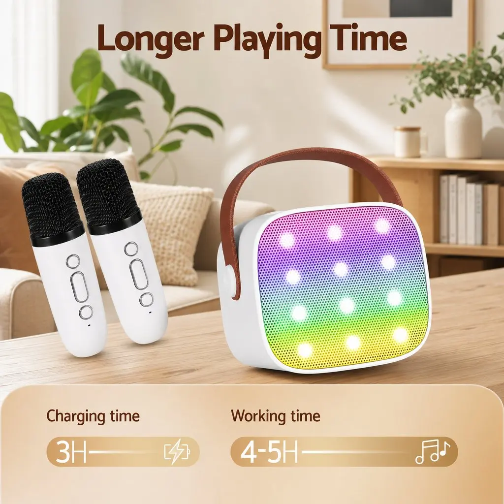 Mini Portable Karaoke Machine White with 2 Wireless Microphones Bluetooth Connectivity and Colorful LED Light Effects