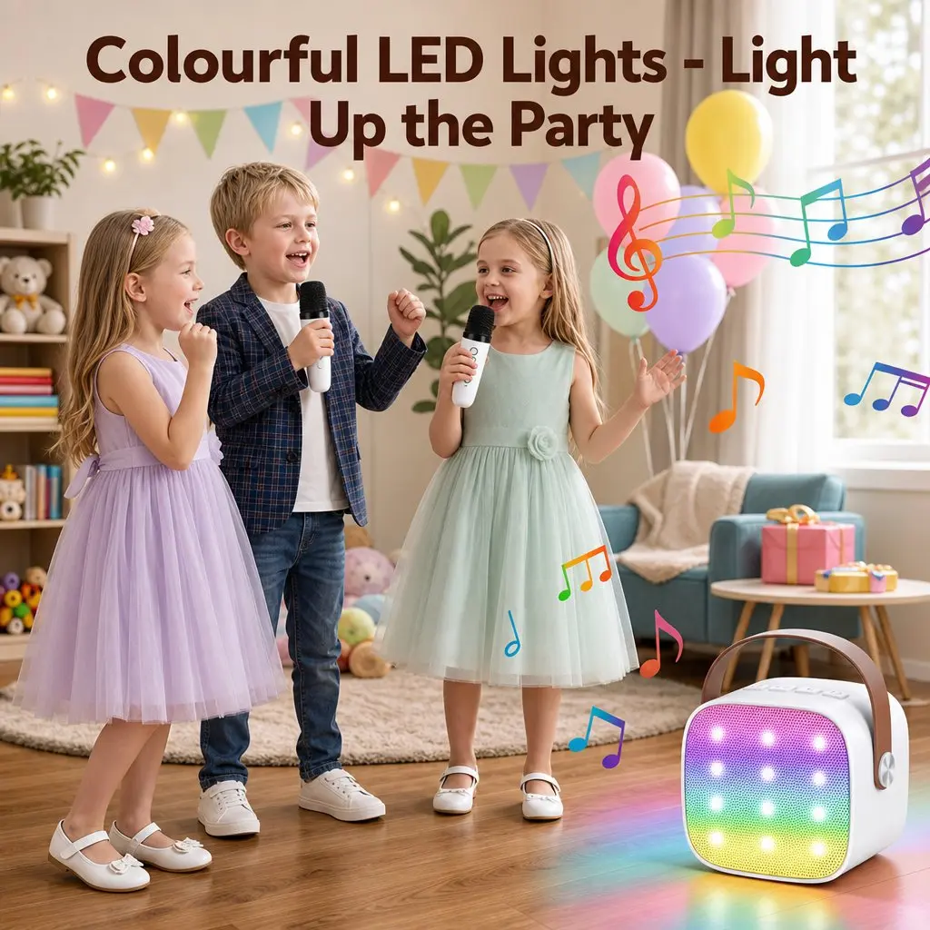Mini Portable Karaoke Machine White with 2 Wireless Microphones Bluetooth Connectivity and Colorful LED Light Effects