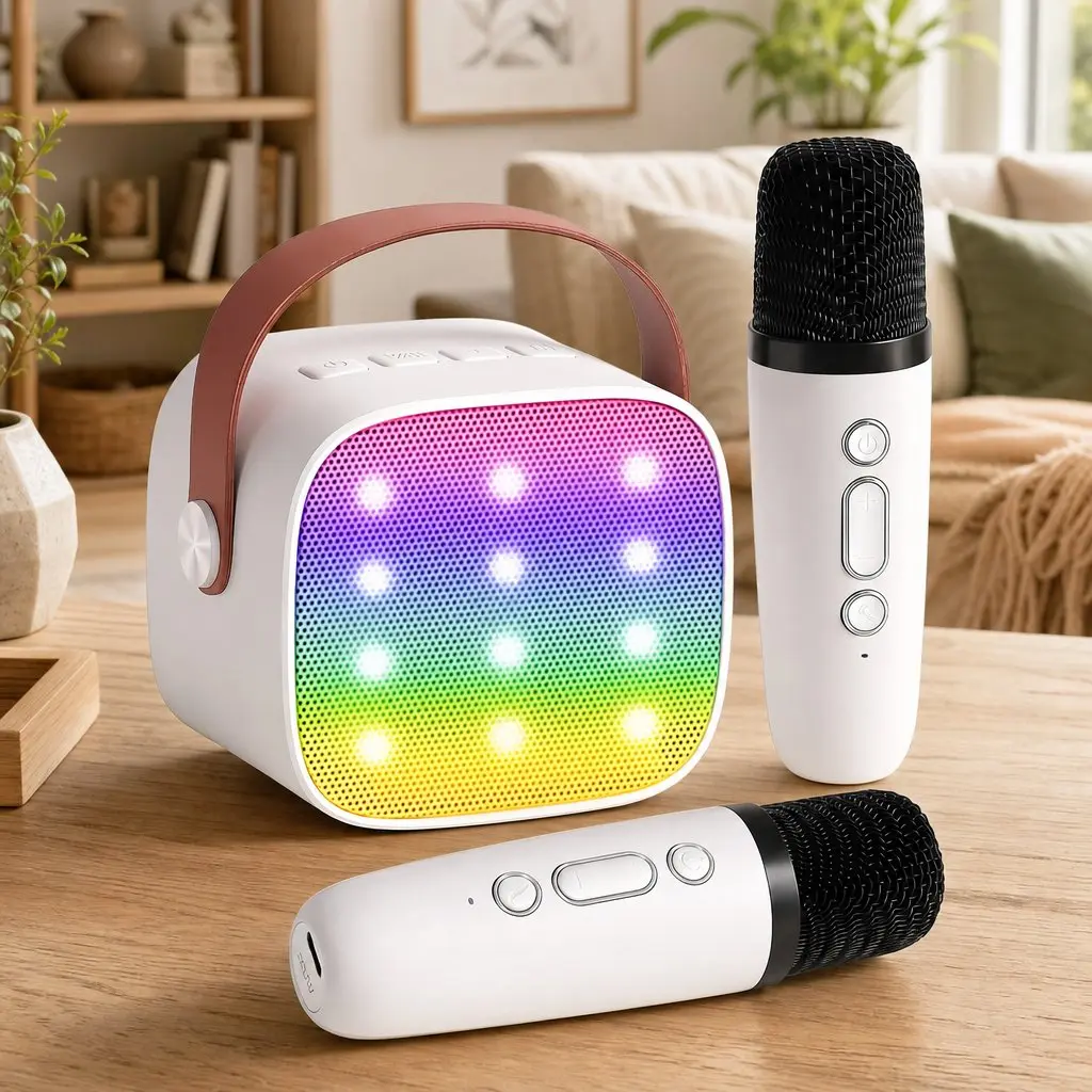 Mini Portable Karaoke Machine White with 2 Wireless Microphones Bluetooth Connectivity and Colorful LED Light Effects