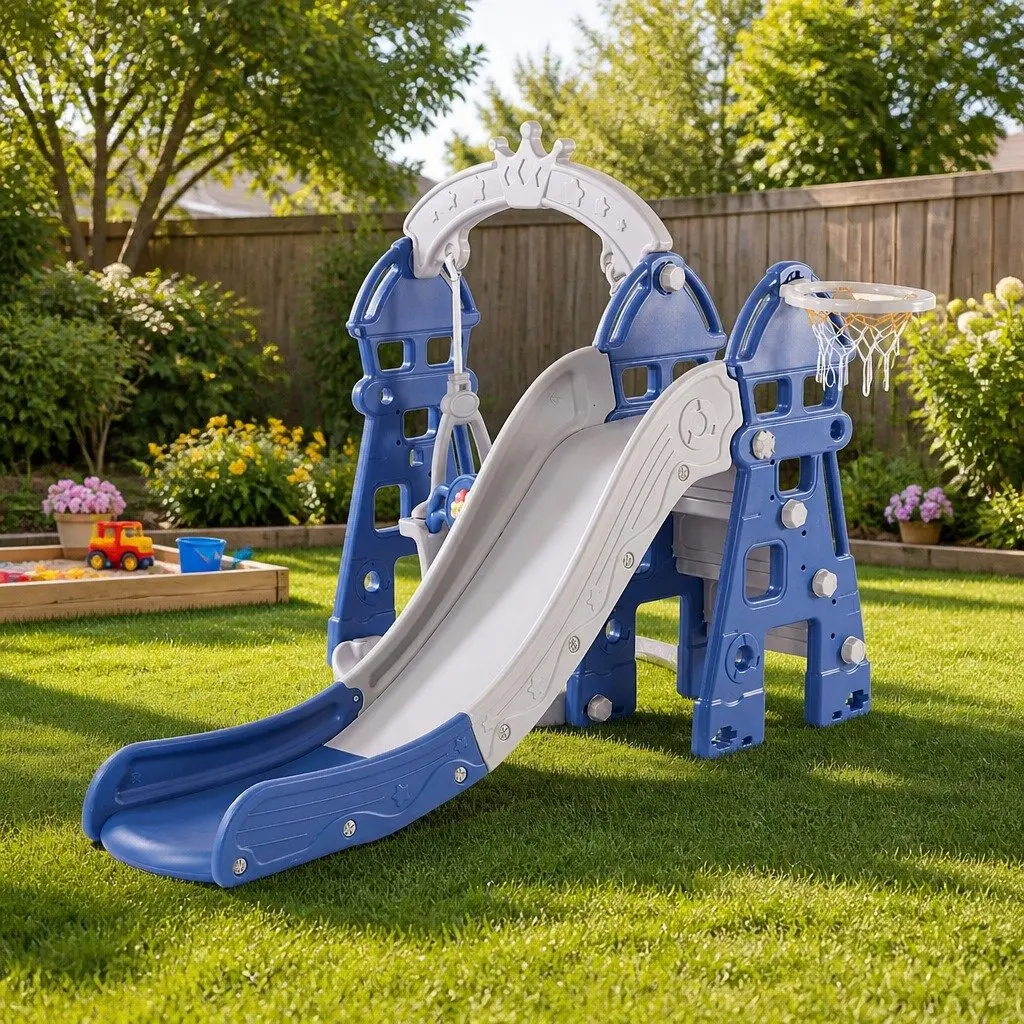 Kids Slide Swing Set Blue 4in1 Outdoor Play Centre with Basketball Hoop