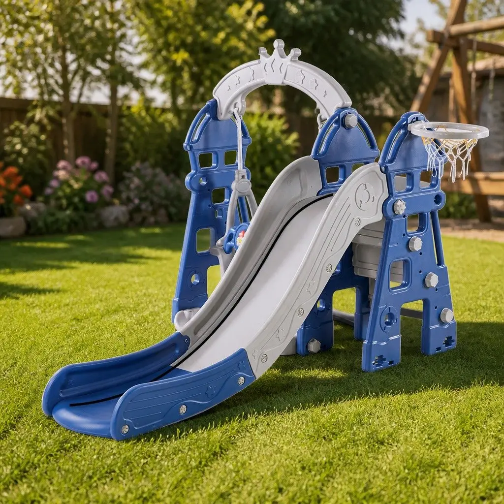 Kids Slide Swing Set Blue 4in1 Outdoor Play Centre with Basketball Hoop