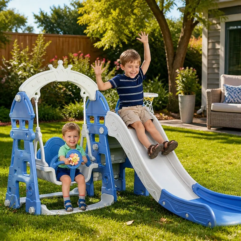 Kids Slide Swing Set Blue 4in1 Outdoor Play Centre with Basketball Hoop