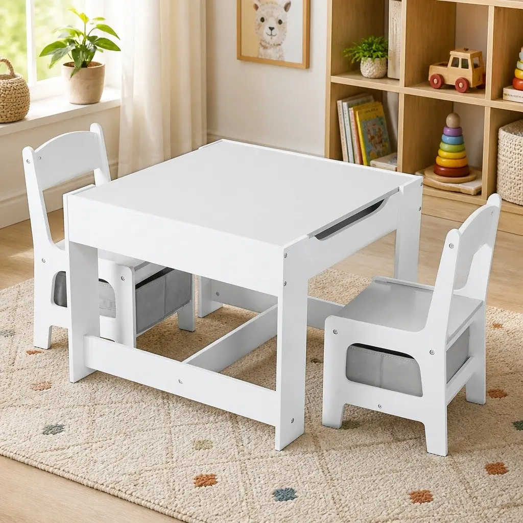 Kids Table and Chairs Set White and Grey Reversible Top with Storage