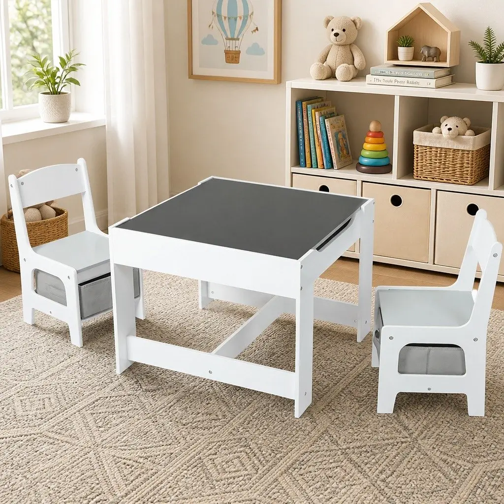 Kids Table and Chairs Set White and Grey Reversible Top with Storage