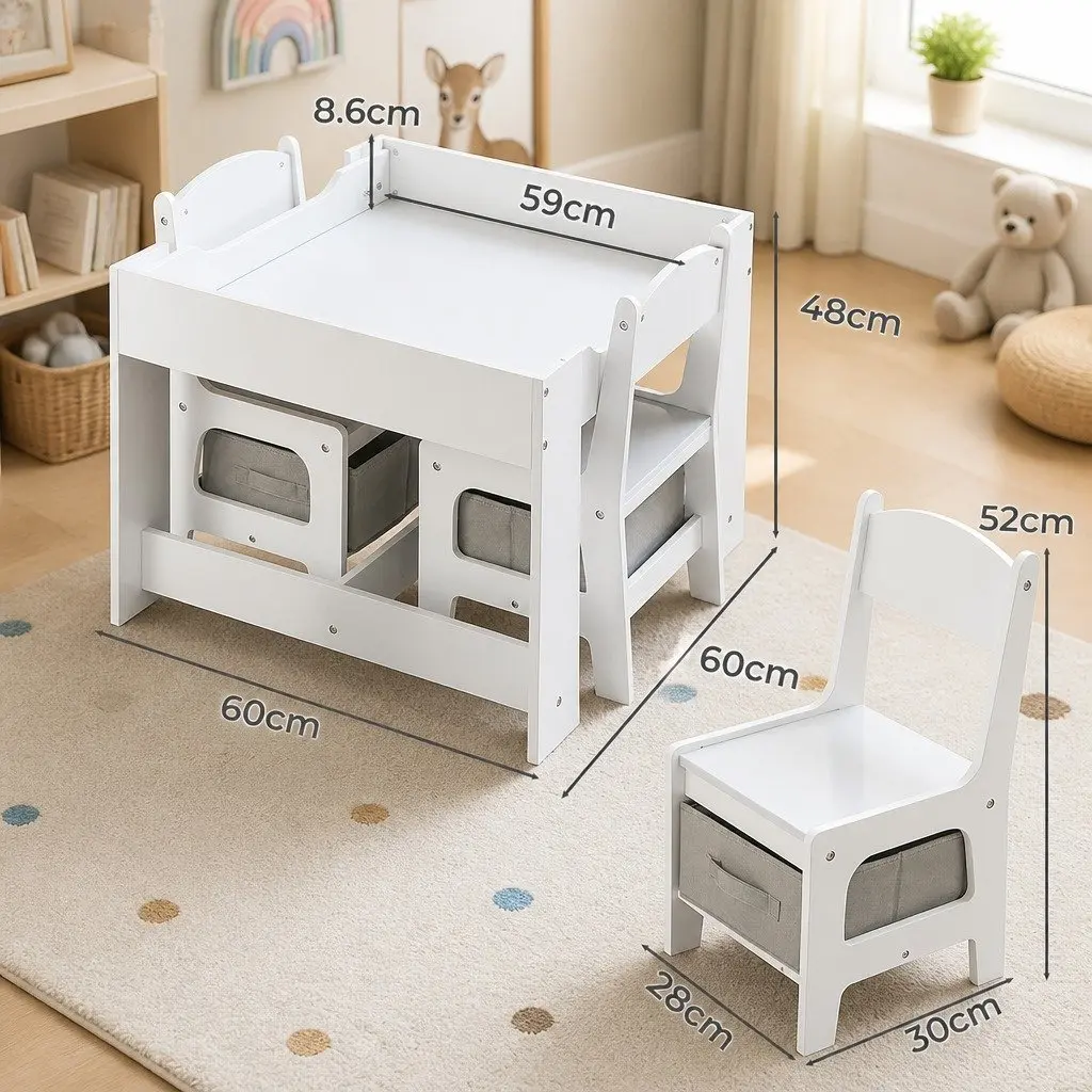 Kids Table and Chairs Set White and Grey Reversible Top with Storage