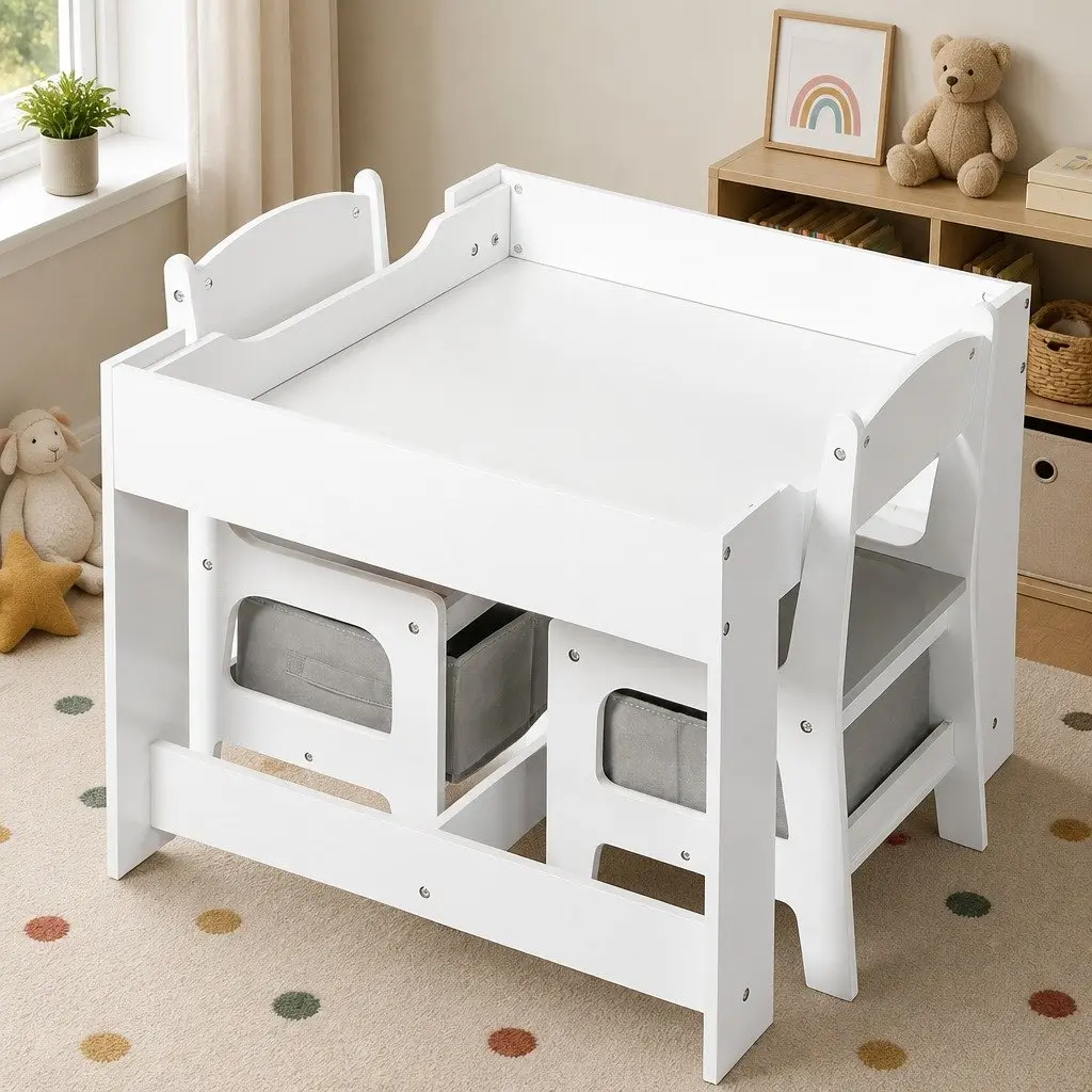 Kids Table and Chairs Set White and Grey Reversible Top with Storage