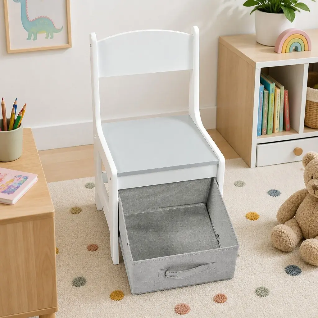 Kids Table and Chairs Set White and Grey Reversible Top with Storage