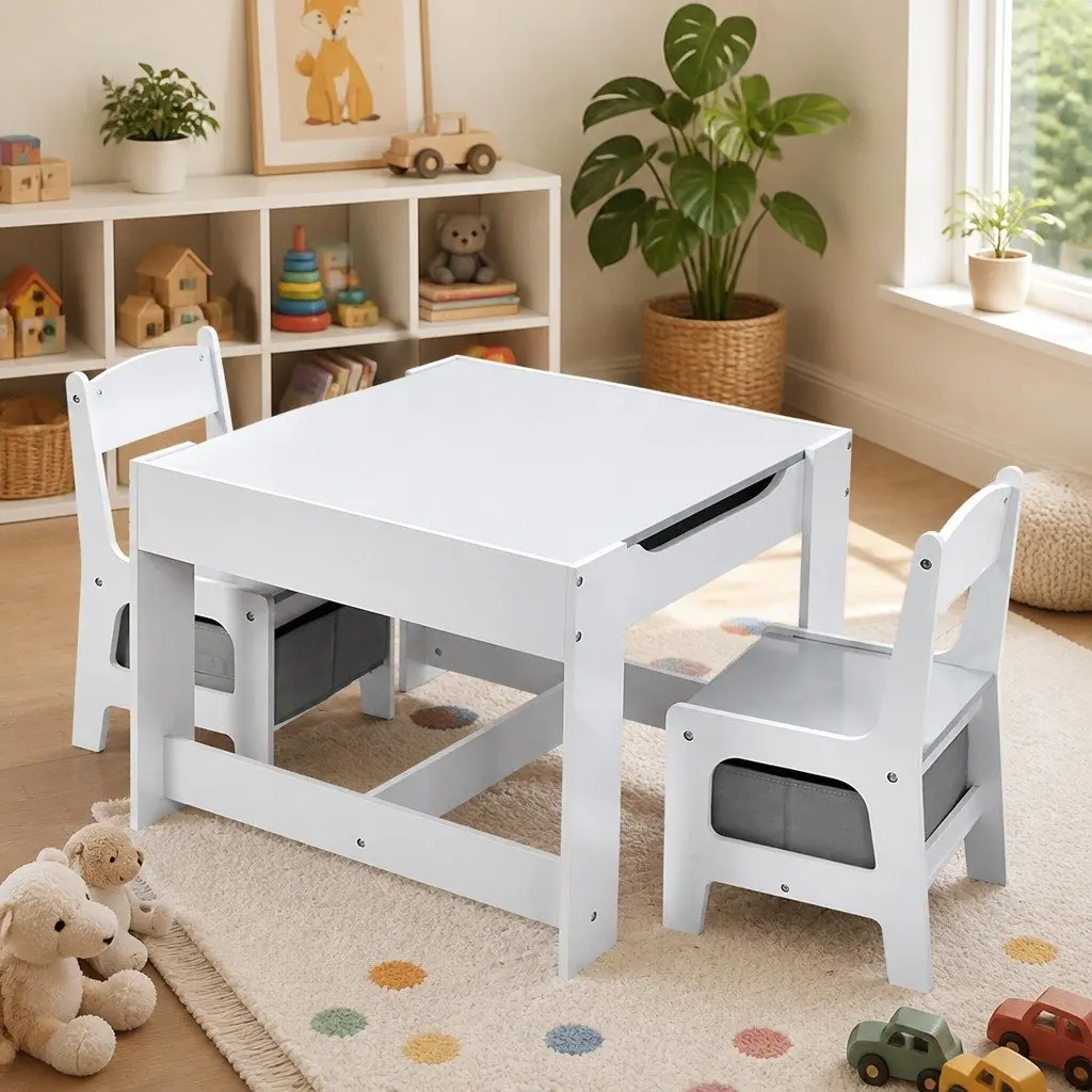Kids Table and Chairs Set White and Grey Reversible Top with Storage