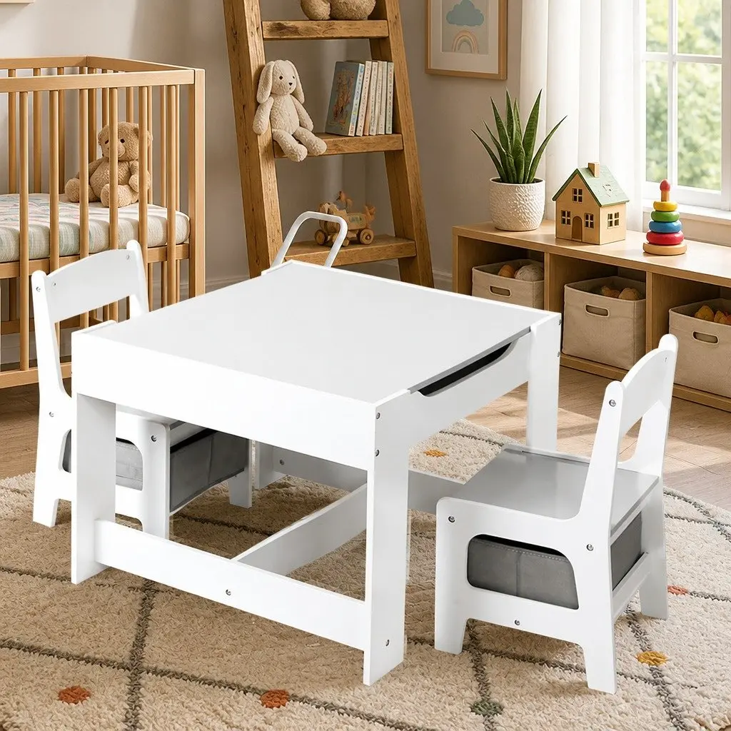 Kids Table and Chairs Set White and Grey Reversible Top with Storage