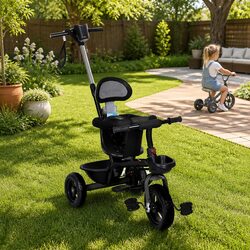 Kids Tricycle Ride On Trike Toddler Push Handle Foldable Footrest Storage Basket