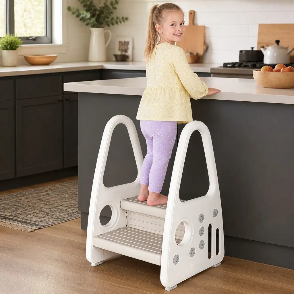 Kids Step Stool White Grey Double Step Lightweight Portable Safe Climbing