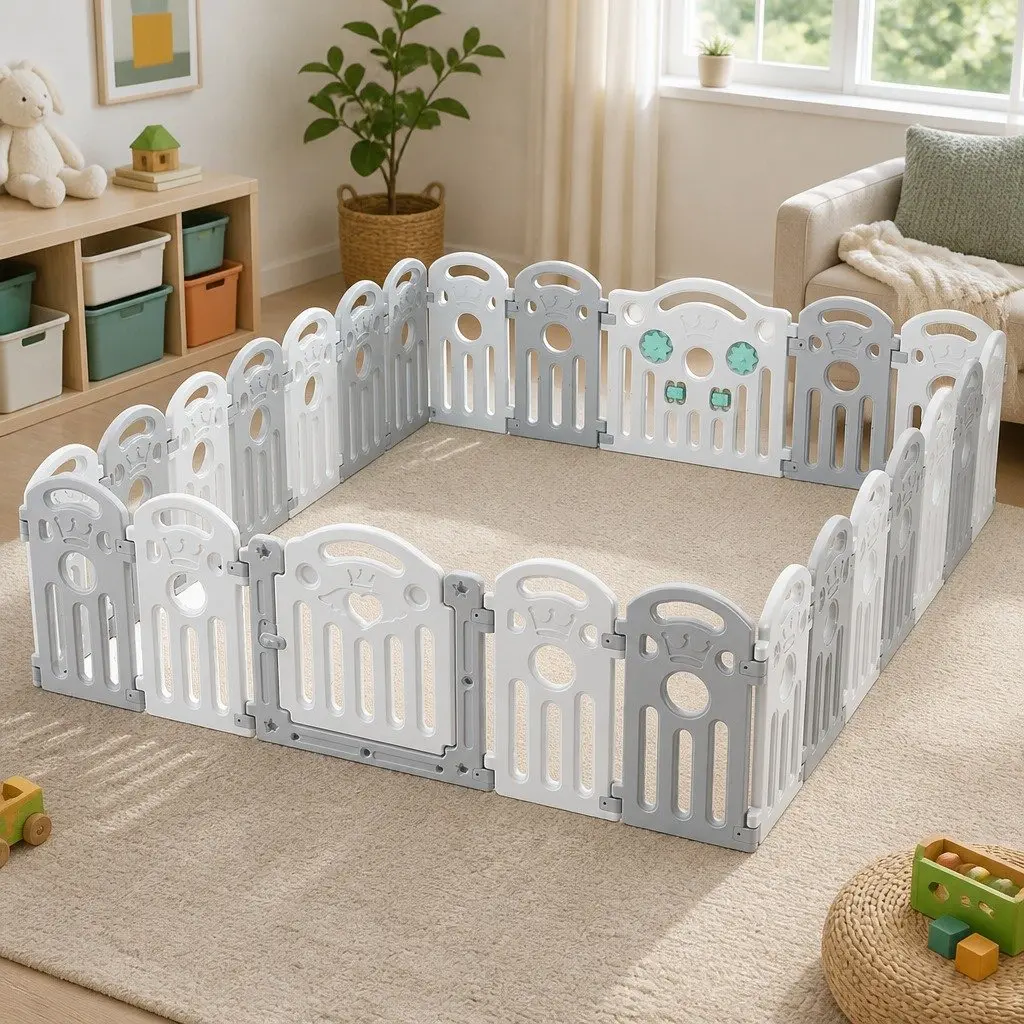 Kids Playpen Grey 60cm High Portable Indoor Outdoor Toddler Safety Gate Panels Lock