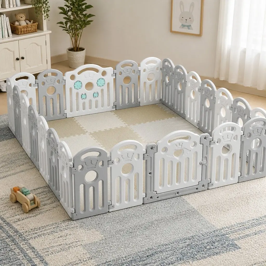 Kids Playpen Grey 60cm High Portable Indoor Outdoor Toddler Safety Gate Panels Lock