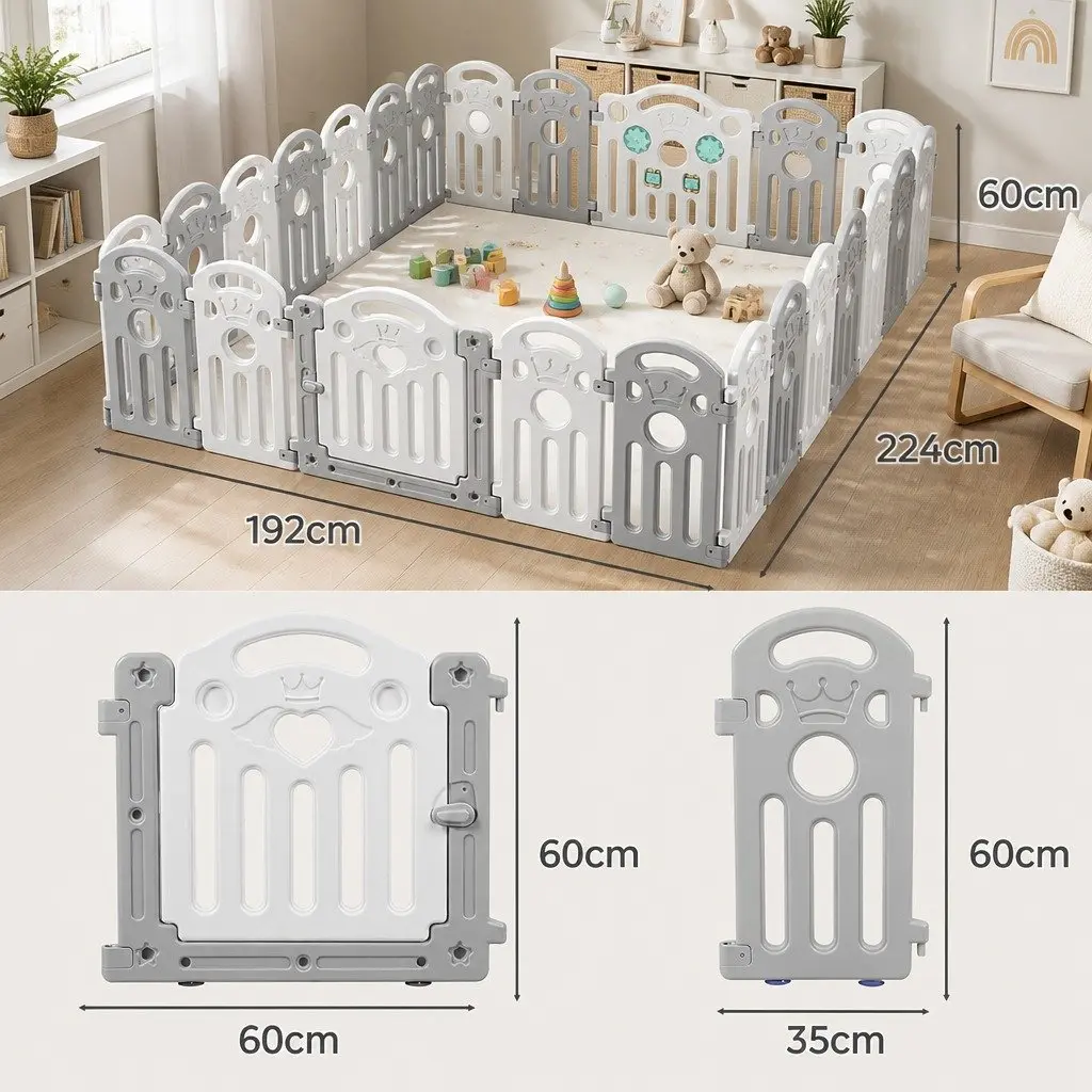 Kids Playpen Grey 60cm High Portable Indoor Outdoor Toddler Safety Gate Panels Lock