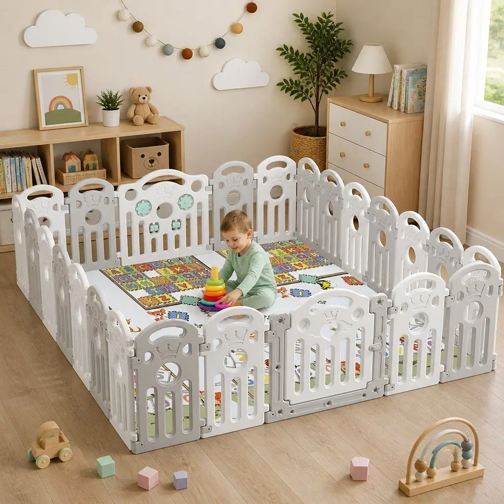 Kids Playpen Grey 60cm High Portable Indoor Outdoor Toddler Safety Gate Panels Lock