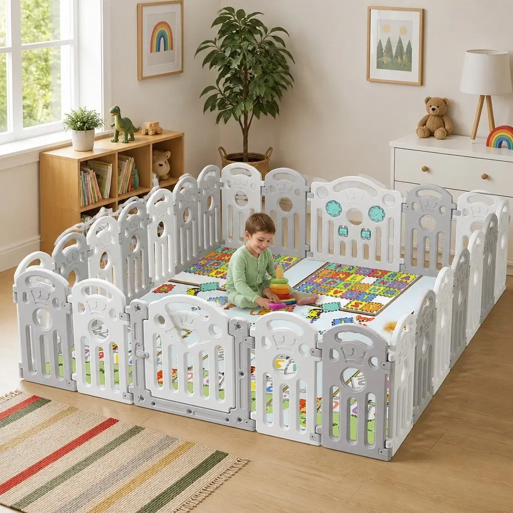 Kids Playpen Grey 60cm High Portable Indoor Outdoor Toddler Safety Gate Panels Lock