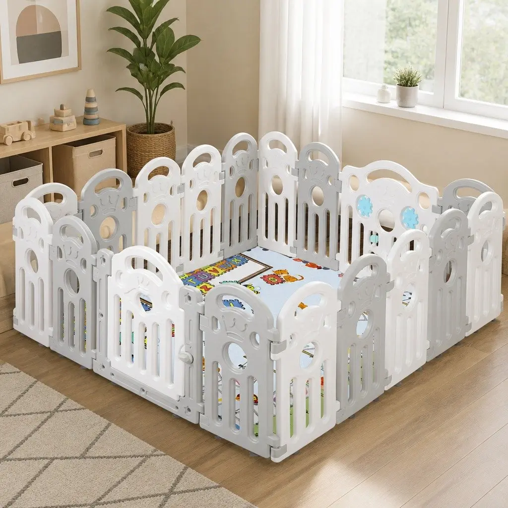 Kids Playpen Grey 18 Panels Portable Indoor Outdoor Safety Gate