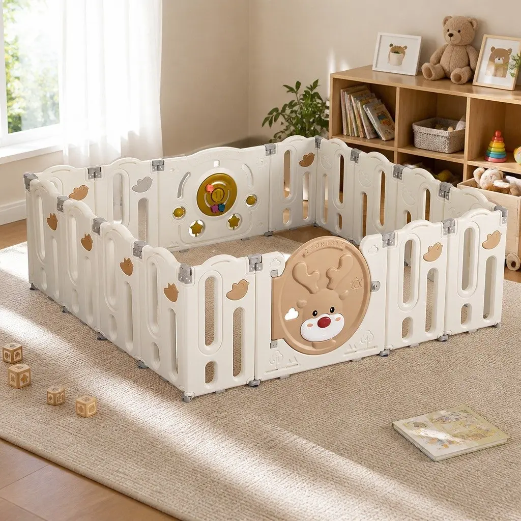 Kids Playpen Brown and Cream 16 Panels Foldable Indoor Outdoor Safety Gate