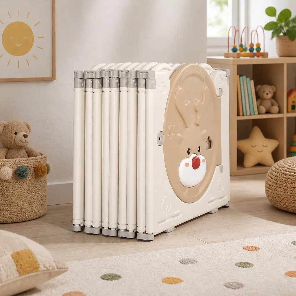 Kids Playpen Brown and Cream 16 Panels Foldable Indoor Outdoor Safety Gate