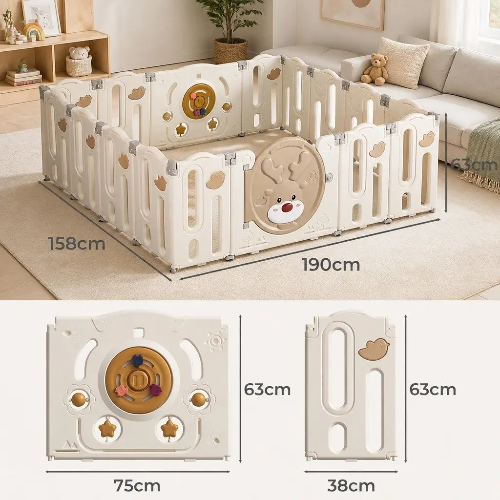 Kids Playpen Brown and Cream 16 Panels Foldable Indoor Outdoor Safety Gate