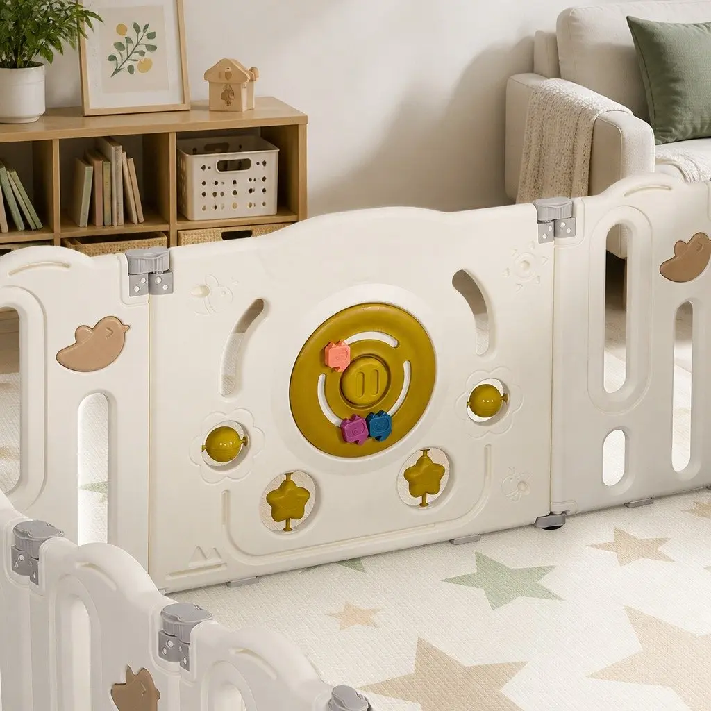 Kids Playpen Brown and Cream 16 Panels Foldable Indoor Outdoor Safety Gate