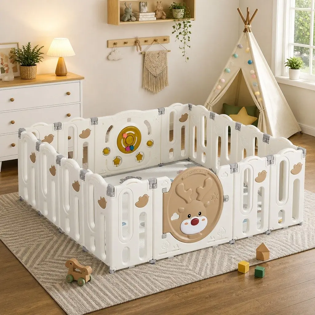Kids Playpen Brown and Cream 16 Panels Foldable Indoor Outdoor Safety Gate