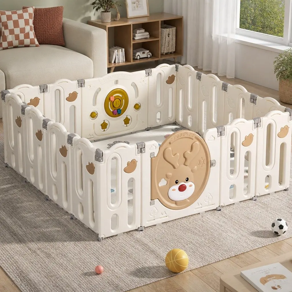 Kids Playpen Brown and Cream 16 Panels Foldable Indoor Outdoor Safety Gate