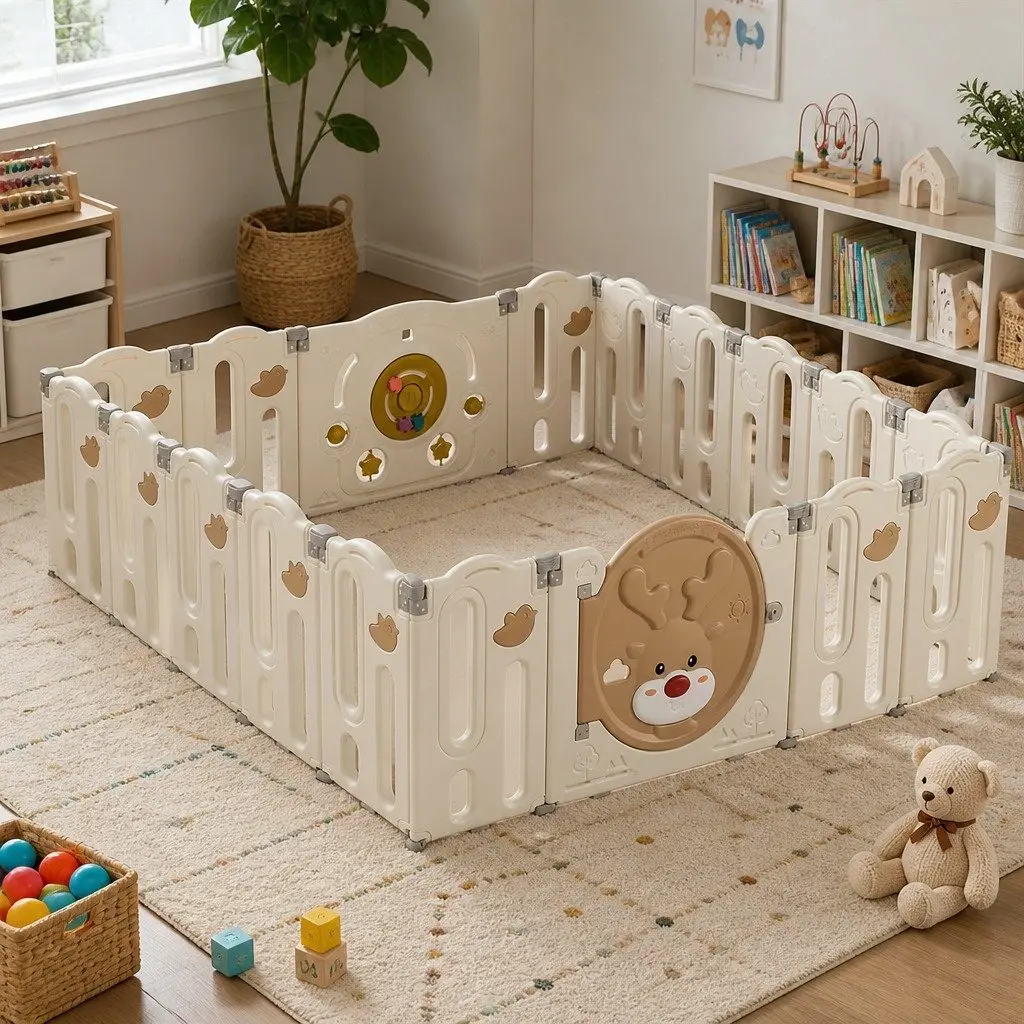 Kids Playpen Brown and Cream 18 Panel Foldable Indoor Outdoor Safety Gate