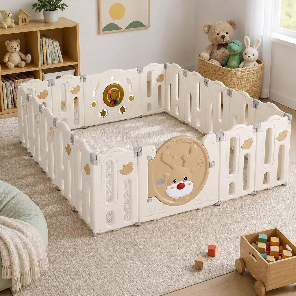 Kids Playpen Brown and Cream 18 Panel Foldable Indoor Outdoor Safety Gate