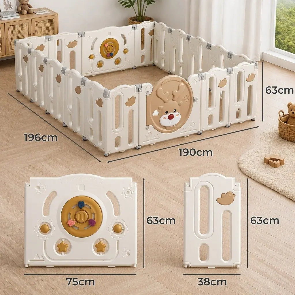 Kids Playpen Brown and Cream 18 Panel Foldable Indoor Outdoor Safety Gate
