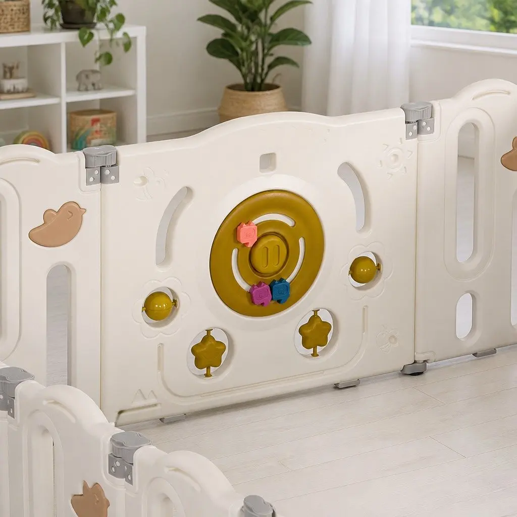 Kids Playpen Brown and Cream 18 Panel Foldable Indoor Outdoor Safety Gate